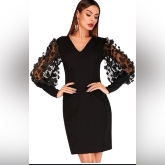 Lush Ribbed Faux Wrap Sweater Dress With Balloon Applique Sleeves in Black - Picture 1 of 8